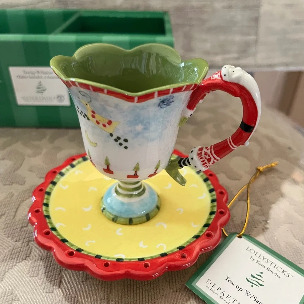 Dept 56 Lollysticks Kym Bowles Christmas Teacup Saucer Set Santa Reindeer